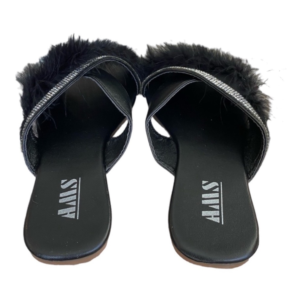 New AMS Black Feather Slippers American Slip On House Shoes Slides Rhinestone - Picture 4 of 6